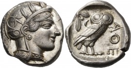 Attica 
Athens. Circa 449-404 BC. Tetradrachm (Silver, 26 mm, 17.25 g, 7 h), 430s. Head of Athena to right, wearing crested Attic helmet adorned with...