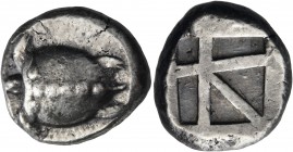 Islands off Attica 
Aegina. Circa 480-457 BC. Stater (Silver, 20 mm, 12.50 g). Sea turtle with a T-shaped design of line of five large pellets down t...