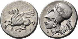 Corinthia 
Corinth. Mid 4th century BC. Stater (Silver, 22 mm, 8.50 g, 3 h). Pegasus, with pointed wing, flying to left; below, ?. Rev. Α-Ρ Head of A...