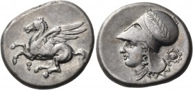 Corinthia 
Corinth. Mid 4th century BC. Stater (Silver, 21.5 mm, 8.55 g, 7 h). Pegasus, with pointed wing, flying to left; below, ?. Rev. Α - Ρ Head ...