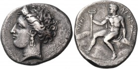 Arkadia 
Pheneos. Circa 360-350 BC. Drachm (Silver, 20 mm, 5.64 g, 4 h). Head of Demeter to left, wearing grain wreath, triple pendant earring and pe...