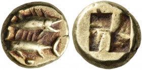 Mysia 
Kyzikos. Circa 550-500 BC. Hemihekte or 1/12 Stater (Electrum, 7 mm, 1.37 g). Two tunny fish: one above swimming to right and the lower to lef...