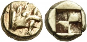 Mysia 
Kyzikos. Circa 550-500 BC. Hemihekte (Electrum, 8 mm, 1.37 g). Head of a boar to right, holding tunny in its jaws. Rev. Quadripartite incuse s...