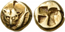 Mysia 
Kyzikos. Circa 550-500 BC. Hemihekte or twelfth stater (Electrum, 7.5 mm, 1.34 g). Facing lion’s head; to right, tunny fish swimming downwards...