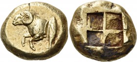 Mysia 
Kyzikos. Circa 550-500 BC. Stater (Electrum, 20 mm, 16.15 g). Forepart of a ram to left, with tunny fish swimming upwards at the truncation. R...