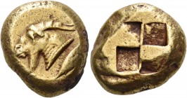 Mysia 
Kyzikos. Circa 550-500 BC. Stater (Electrum, 18 mm, 16.18 g). Head of a goat with long beard to left; below truncation, tunny fish swimming up...
