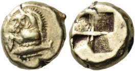 Mysia 
Kyzikos. Circa 550-500 BC. Hemihekte (Electrum, 8 mm, 1.33 g). Forepart of a rearing horse to left; below, on truncation, tunny fish swimming ...