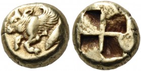 Mysia 
Kyzikos. Circa 550-500 BC. Hemihekte (Electrum, 8 mm, 1.37 g). Forepart of a winged bull to left; at truncation, tunny fish swimming downwards...
