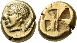 Mysia 
Kyzikos. Circa 550-500 BC. Hekte (Electrum, 10.5 mm, 2.71 g). Youthful male head to left, wearing laurel wreath with blossom at his brow; behi...