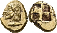 Mysia 
Kyzikos. Circa 550-500 BC. Hekte (Electrum, 12 mm, 2.71 g). Bearded male head to left; below, tunny fish to left. Rev. Quadripartite incuse sq...