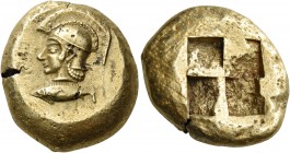 Mysia 
Kyzikos. Circa 550-500 BC. Stater (Electrum, 21 mm, 16.05 g). Head of Athena to left, wearing crested Attic helmet; below neck, tunny fish to ...