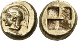 Mysia 
Kyzikos. Circa 550-500 BC. Hekte (Electrum, 11 mm, 2.71 g). Head of Athena to left, wearing crested Attic helmet; below neck, tunny fish to le...