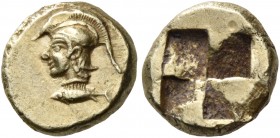Mysia 
Kyzikos. Circa 550-500 BC. Hemihekte (Electrum, 8 mm, 1.36 g). Head of Athena to left, wearing crested Attic helmet; below neck, tunny fish to...