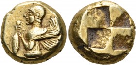 Mysia 
Kyzikos. Circa 550-500 BC. Hekte (Electrum, 10 mm, 2.70 g). Half-length figure of harpy to left, with curved wings, holding tunny fish by the ...