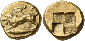 Mysia 
Kyzikos. Circa 550-500 BC. Hekte (Electrum, 12 mm, 2.72 g). Chimaera moving to left, with a goat's head on his back facing to right; below, tu...
