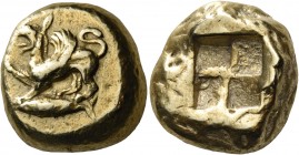 Mysia 
Kyzikos. Circa 550-500 BC. Stater (Electrum, 18 mm, 15.90 g). Griffin, raising right forepaw, standing left on tunny swimming to left. Rev. Qu...