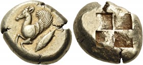 Mysia 
Kyzikos. Circa 500-450 BC. Stater (Electrum, 20 mm, 16.12 g). Forepart of a winged doe to left, with rounded wing; below, swimming downwards t...