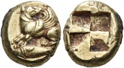 Mysia 
Kyzikos. Circa 500-450 BC. Hekte (Electrum, 11 mm, 2.74 g). Winged hound seated to left, his head turned back to right; below, tunny fish to l...