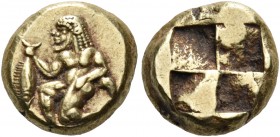 Mysia 
Kyzikos. Circa 500-450 BC. Hekte (Electrum, 10 mm, 2.69 g). Satyr in the running- kneeling position to left, holding, in his right hand, a tun...
