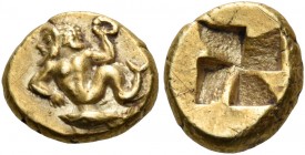 Mysia 
Kyzikos. Circa 500-450 BC. Hemihekte (Electrum, 8 mm, 1.32 g). Triton reclining to left, holding wreath in his upraised left hand and with his...