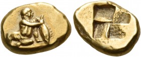 Mysia 
Kyzikos. Circa 500-450 BC. Hekte (Electrum, 8 x 12 mm, 2.64 g). An infant boy, probably Herakles, nude, seated facing, his head turned to righ...