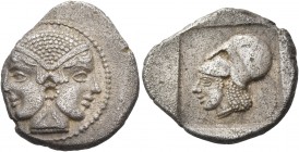 Mysia 
Lampsakos. Circa 500-450 BC. Drachm (Silver, 24 mm, 4.61 g, 3 h). Janiform female head, with circular earring. Rev. Helmeted head of Athena to...