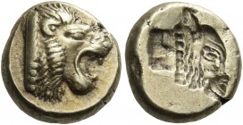 Lesbos 
Mytilene. Circa 521-478 BC. Hekte (Electrum, 11 mm, 2.62 g, 6 h). Head of a lion roaring to right. Rev. Head of a calf to right; at the neck ...