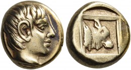 Lesbos 
Mytilene. Circa 454-428/7 BC. Hekte (Electrum, 10.5 mm, 2.47 g, 5 h). Bare male head to right. Rev. Head of calf to right in linear square. B...