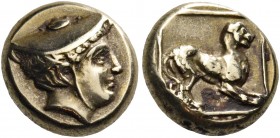 Lesbos 
Mytilene. Circa 377-326 BC. Hekte (Electrum, 10.5 mm, 2.55 g, 3 h), c. 340-330. Head of youthful Hermes to right, wearing petasos. Rev. Panth...