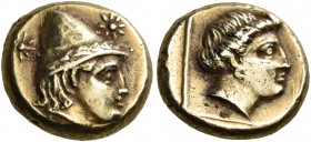 Lesbos 
Mytilene. Circa 377-326 BC. Hekte (Electrum, 10.5 mm, 2.56 g, 6 h). Head of Kabeiros wearing wreathed pileos to right; to left and right, eig...