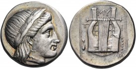 Lesbos 
Mytilene. Circa 350-300 BC. Didrachm or Double-siglos (Silver, 23 mm, 11.15 g, 12 h). Laureate head of Apollo to right. Rev. ΜΥ / Τ-Ι Kithara...