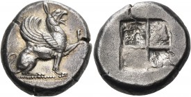 Ionia 
Teos. Circa 510-500 BC. Stater (Silver, 21 mm, 11.71 g). Griffin, with open mouth, seated to right on an ornamental pedestal; his left forepaw...