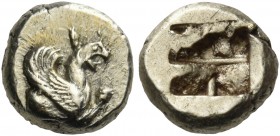 Ionia 
Teos. Circa 499-493 BC. Hemihekte (Electrum, 8 mm, 1.20 g). Forepart of a griffin to right, his right forepaw raised. Rev. Quadripartite incus...