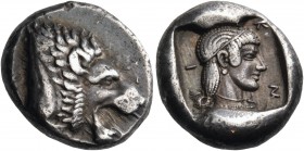 Caria 
Knidos. Circa 465-449 BC. Drachm (Silver, 17 mm, 6.08 g, 9 h). Forepart of lion to right, with open jaws and protruding tongue. Rev. Κ-Ν-Ι Hea...