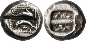 Islands off Caria 
Karpathos. Poseidon. Circa 500-490/480 BC. Stater (Silver, 21 mm, 13.74 g). Two large dolphins leaping in opposing directions: the...