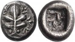 Islands off Caria 
Rhodos. Kamiros. Circa 500-480 BC. Drachm (Silver, 16.5 mm, 5.91 g). Fig leaf with tendrils between the lobes and two fruits on th...