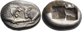Kings of Lydia 
Kroisos, circa 560-546 BC. Siglos (Silver, 17x12 mm, 5.42 g), Sardes, 550-546. Confronted foreparts of a lion, on the left, and a bul...