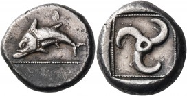 Dynasts of Lycia 
Uncertain dynast, circa 470 BC. Stater (Silver, 20 mm, 9.72 g), uncertain mint in central Lycia. Dolphin leaping to left; above, ti...