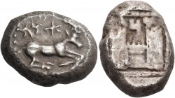 Cilicia 
Ura (Kelenderis). Circa 460s-450s BC. Stater (Silver, 16x21 mm, 10.70 g, 9 h). 'RH' (in Aramaic) Ibex recumbent to right; all within border ...