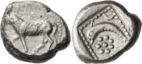 Cilicia or Cyprus 
Uncertain mint. Circa 450-425 BC. Stater (Silver, 22 mm, 10.79 g, 6 h). (Traces of letters?) Ram walking to the left. Rev. Dolphin...