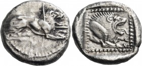 Cyprus 
Amathus. Wroikos (?), circa 460-450 BC. Stater (Silver, 28 mm, 11.27 g, 5 h). Lion reclining to right. Rev. Forepart of roaring lion to right...