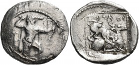 Cyprus 
Kition. Azbaal, circa 449-425 BC. Stater (Silver, 26 mm, 10.94 g, 6 h), c. 440-430. Herakles advancing to right, wearing lion's skin over his...