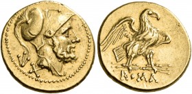 Anonymous, 211-208. 60 Asses (Gold, 15 mm, 3.37 g, 5 h), Rome. Helmeted head of Mars to right; below left, value (XVI). Rev. ROMA Eagle, with spread w...