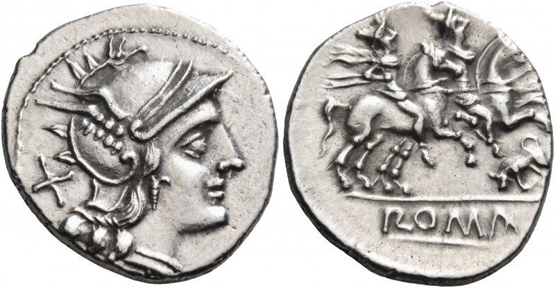 Anonymous, circa 206-195. Denarius (Silver, 18 mm, 3.39 g, 2 h). Helmeted head o...