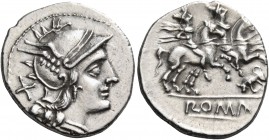 Anonymous, circa 206-195. Denarius (Silver, 18 mm, 3.39 g, 2 h). Helmeted head of Roma to right; behind head to left, X. Rev. ROMA The Dioscouri gallo...