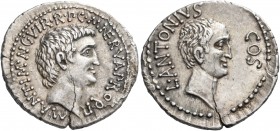 Marc Antony and Lucius Antony, Summer, 41 BC. Denarius (Silver, 21 mm, 3.89 g, 1 h), Ephesos, M. Cocceius Nerva, proquaestor. M•ANT•IMP AVG VIR•R•P•C ...