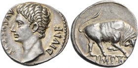 Augustus, 27 BC-AD 14. Denarius (Silver, 18 mm, 3.71 g, 7 h), Lugdunum, 15 BC. AVGVSTVS DIVI F Bare head of Augustus to left. Rev. IMP.X Bull with hea...