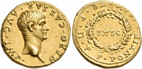 Nero, 54-68. Aureus (Gold, 18 mm, 7.72 g, 6 h), Rome, 55-56. NERO CAESAR AVG IMP Bare head of Nero to right. Rev. PONTIF MAX TR P II P P around oak-wr...