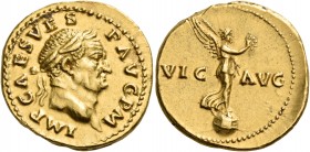 Vespasian, 69-79. Aureus (Gold, 19 mm, 7.29 g, 6 h), Rome, July - December 71. IMP CAES VESP AVG P M Laureate head of Vespasian to right. Rev. VIC - A...