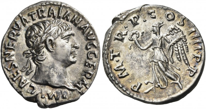 Trajan, 98-117. Denarius (Silver, 19 mm, 3.34 g, 7 h), Rome, 101-102. IMP CAES N...